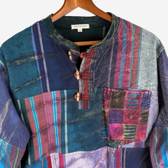 Earthbound Trading Overdyed Patchwork Toggle Henley Cotton Pullover Mens Size L - Picture 3 of 14